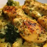 Creamy pesto chicken with broccoli dish ready to serve
