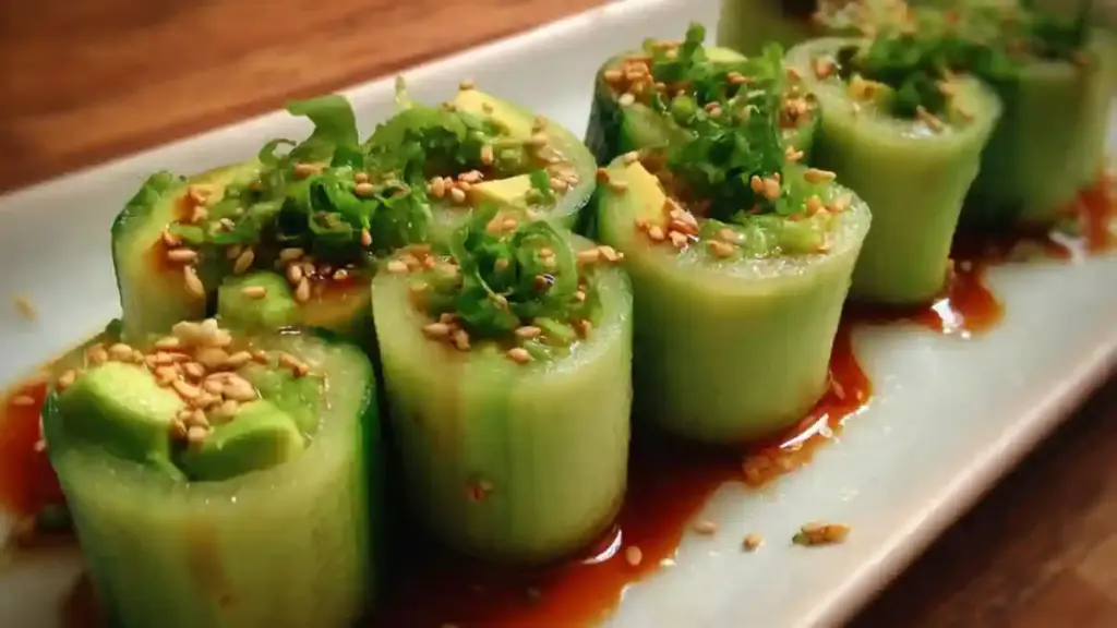 Close-up of Cucumber Avocado Rolls with sesame seeds and dipping sauce