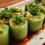 Close-up of Cucumber Avocado Rolls with sesame seeds and dipping sauce