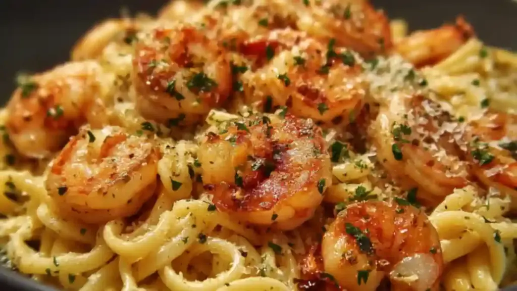A bowl of Easy Garlic Parmesan Shrimp Pasta topped with parsley and lemon.