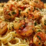 A bowl of Easy Garlic Parmesan Shrimp Pasta topped with parsley and lemon.