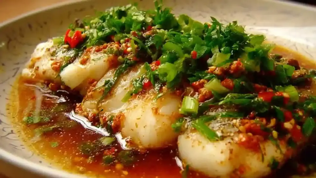 Microwave steamed fish ready to serve with herbs and lemon.
