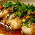 Microwave steamed fish ready to serve with herbs and lemon.