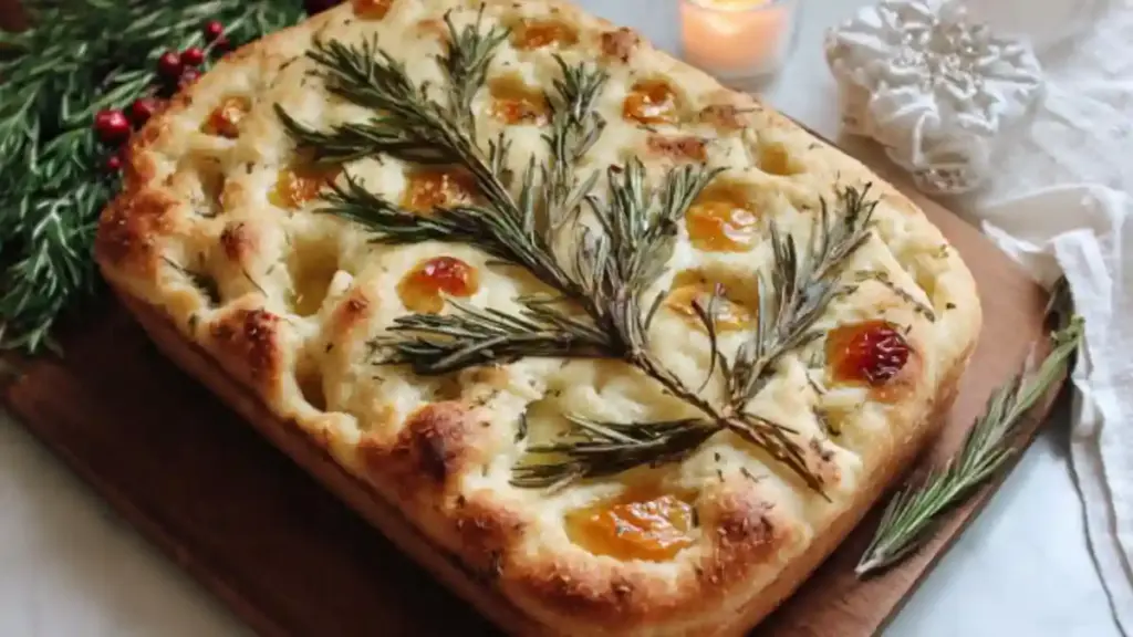Edible Christmas Tree Focaccia decorated with herbs and vegetables
