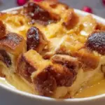 Delicious Eggnog Bread Pudding served in a festive dish, perfect for holiday gatherings.