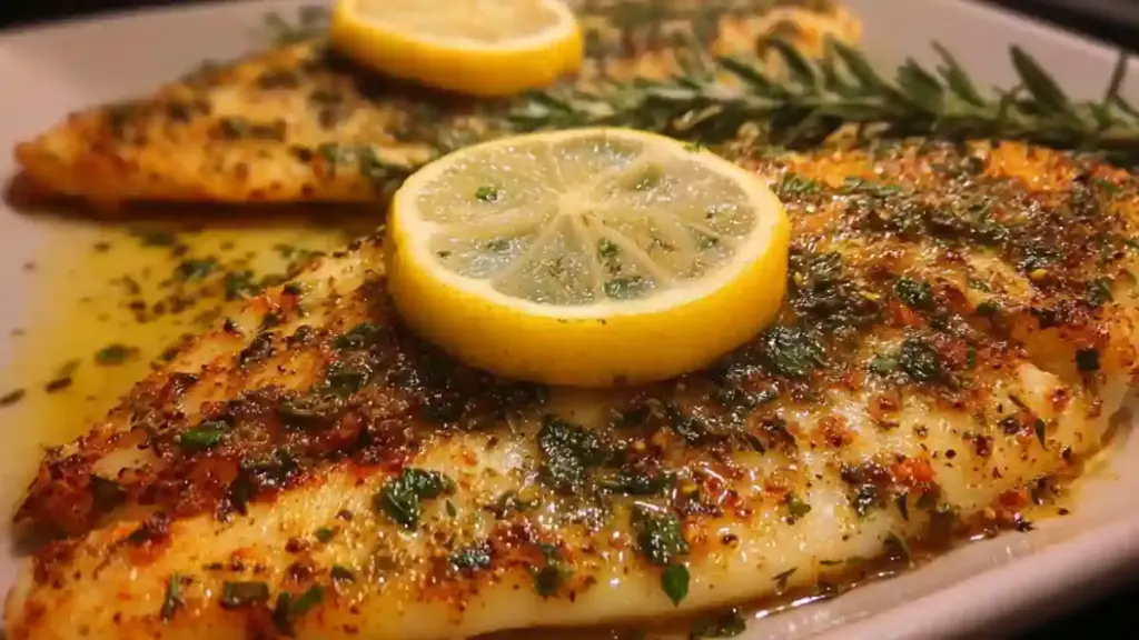 Plate of Fast Lemon Herb Tilapia garnished with herbs and lemon slices