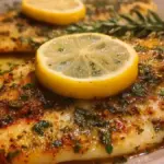 Plate of Fast Lemon Herb Tilapia garnished with herbs and lemon slices