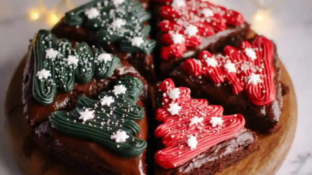 Decadent frosted Christmas brownies decorated for the holiday season