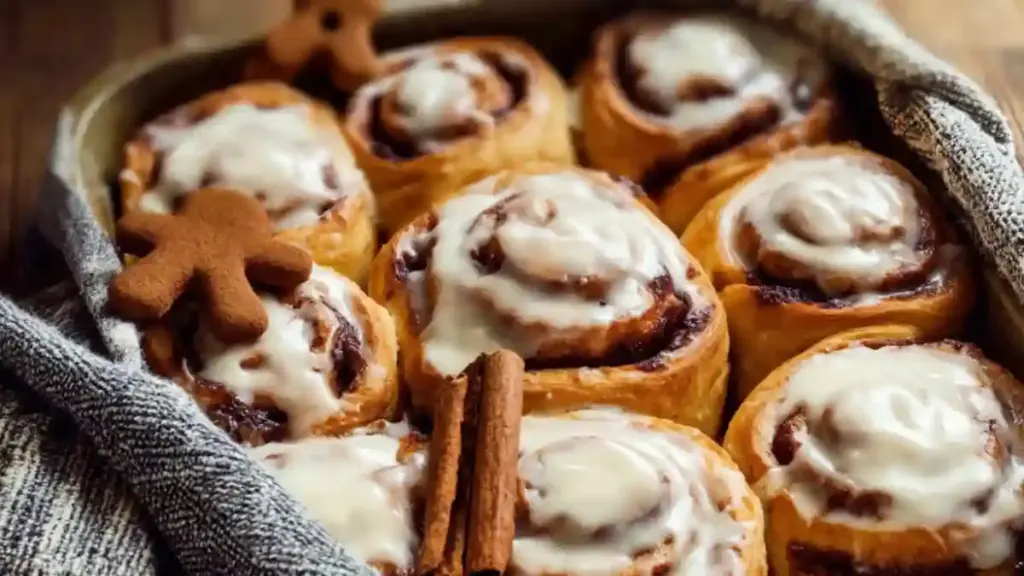 Freshly baked gingerbread cinnamon rolls with icing on top