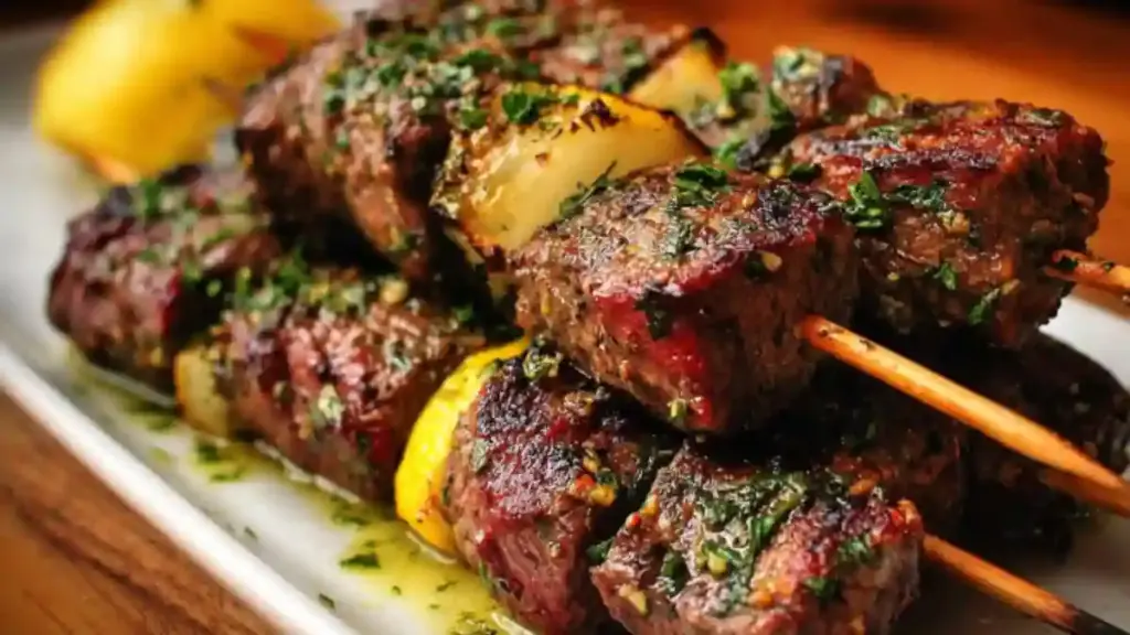 Grilled lemon herb beef skewers garnished with fresh herbs