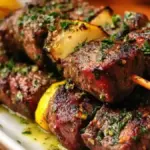 Grilled lemon herb beef skewers garnished with fresh herbs