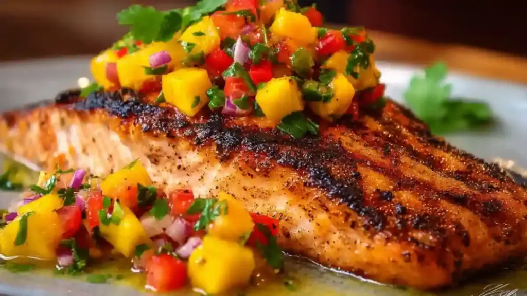 Grilled salmon fillet topped with fresh mango salsa on a white plate.
