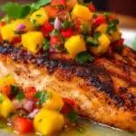 Grilled salmon fillet topped with fresh mango salsa on a white plate.