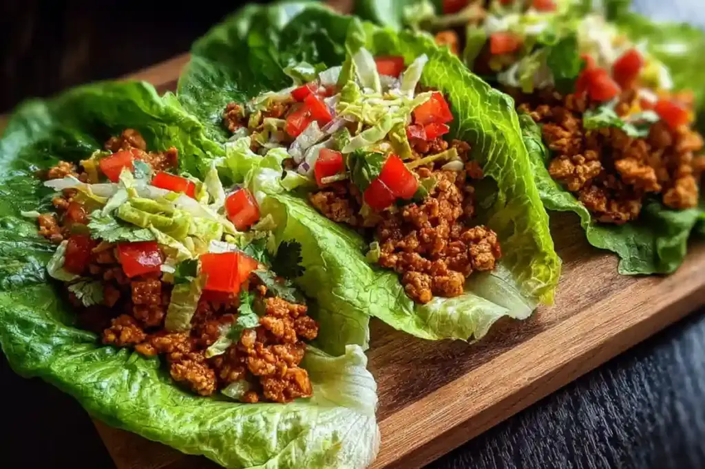 Healthy turkey taco lettuce wraps filled with seasoned turkey and fresh veggies
