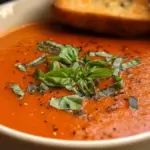 Bowl of Instant Tomato Basil Soup with fresh basil garnish