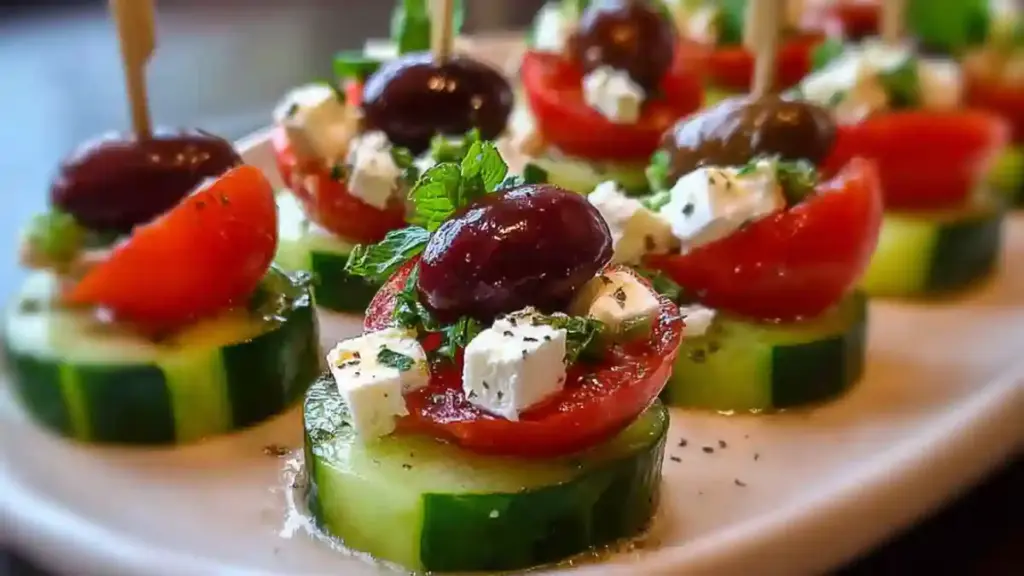 Mini Greek Salad Bites with fresh vegetables and feta cheese