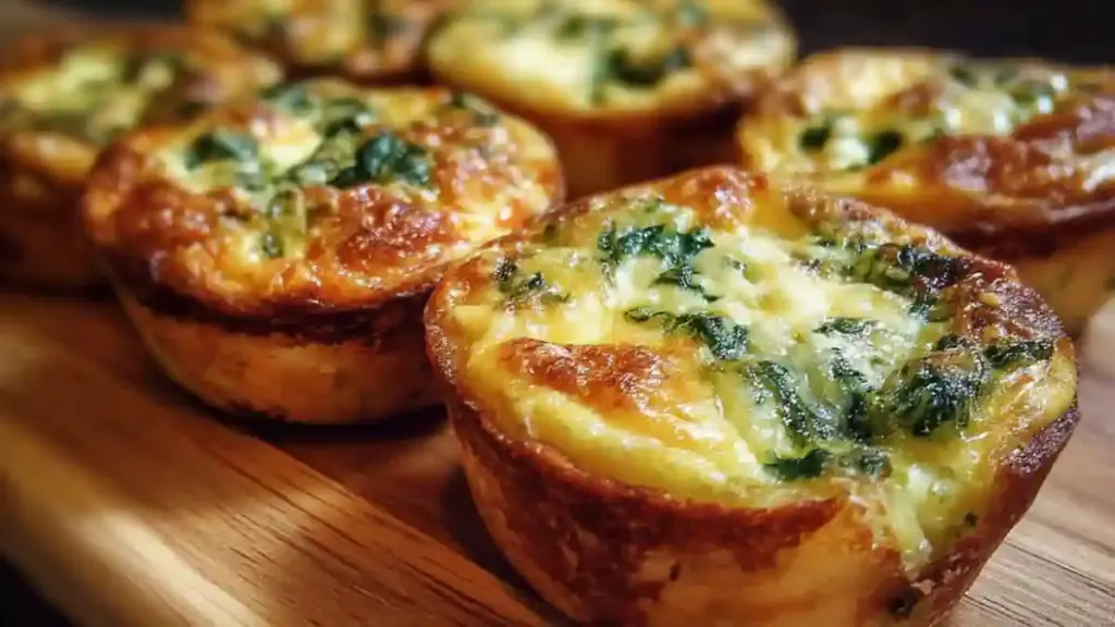 Freshly baked mini spinach quiches served on a platter