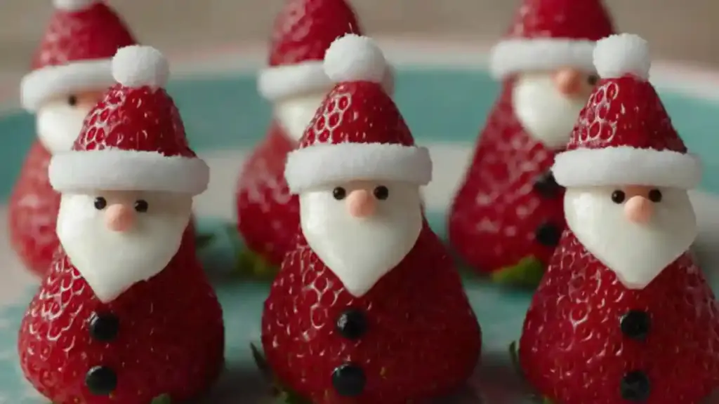 Mini Strawberry Santas decorated with whipped cream and chocolate chips
