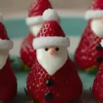 Mini Strawberry Santas decorated with whipped cream and chocolate chips