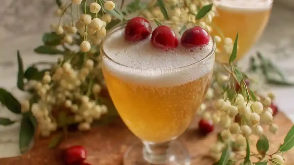 Festive Mistletoe Mimosas cocktail in a glass, garnished with fresh berries.