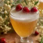 Festive Mistletoe Mimosas cocktail in a glass, garnished with fresh berries.