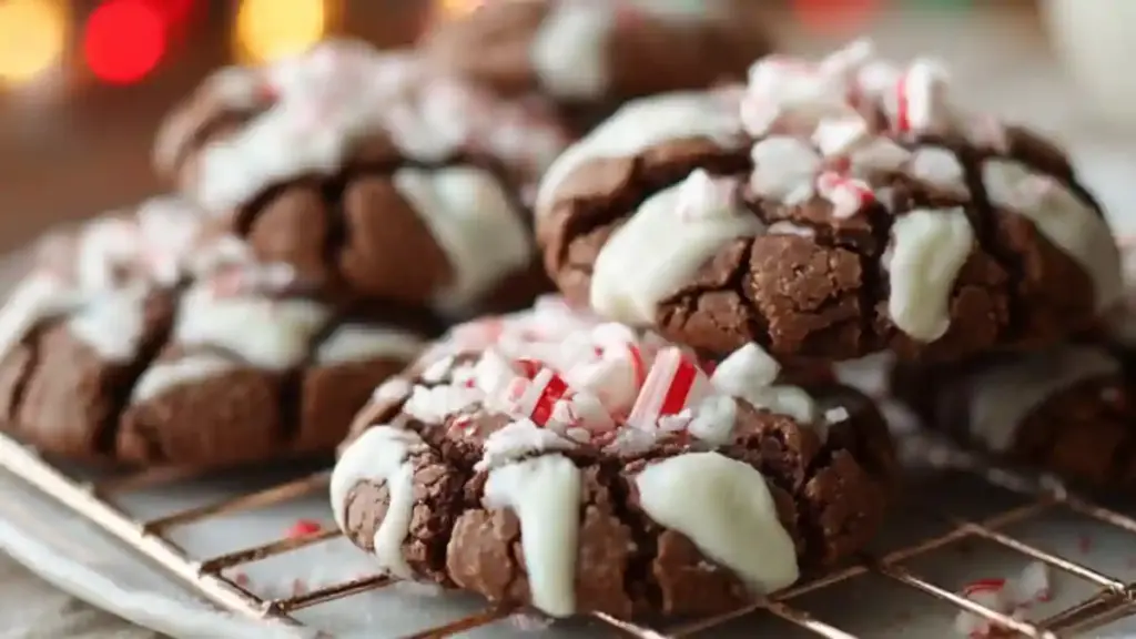 Freshly baked Peppermint Mocha Crinkle Christmas Cookies on a decorative plate.