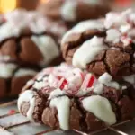 Freshly baked Peppermint Mocha Crinkle Christmas Cookies on a decorative plate.