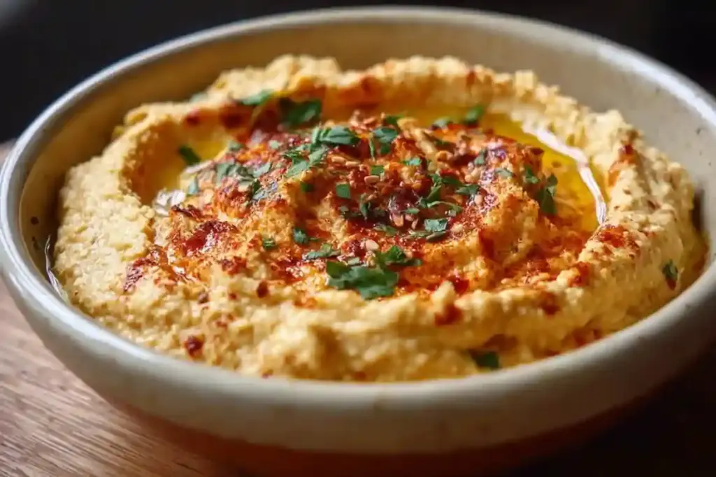 Bowl of quick homemade hummus with pita and vegetables