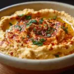 Bowl of quick homemade hummus with pita and vegetables