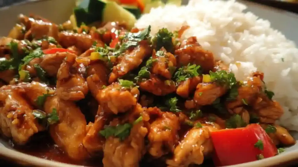 Delicious honey soy chicken stir-fry served in a bowl with colorful vegetables.