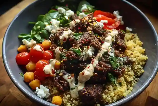 Quinoa Beef Bowl with Tahini Dressing