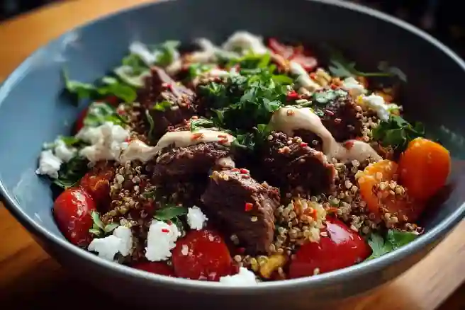 Quinoa Beef Bowl with Tahini Dressing