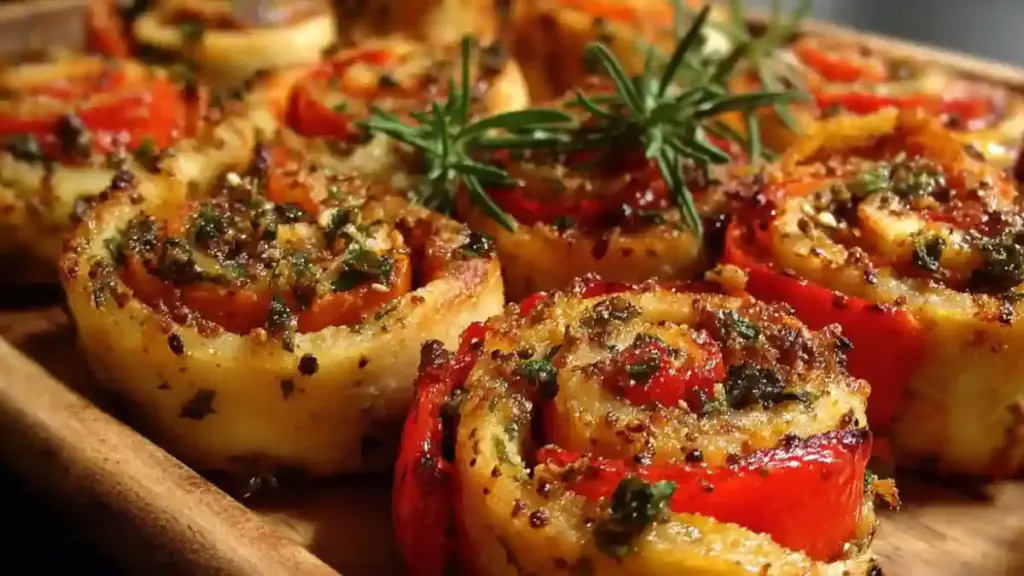 Plate of colorful Roasted Pepper Pinwheels ready to be served.