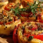 Plate of colorful Roasted Pepper Pinwheels ready to be served.