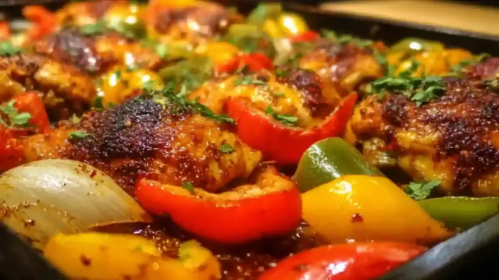 Sheet pan chicken with colorful bell peppers baked to perfection