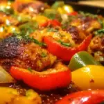 Sheet pan chicken with colorful bell peppers baked to perfection