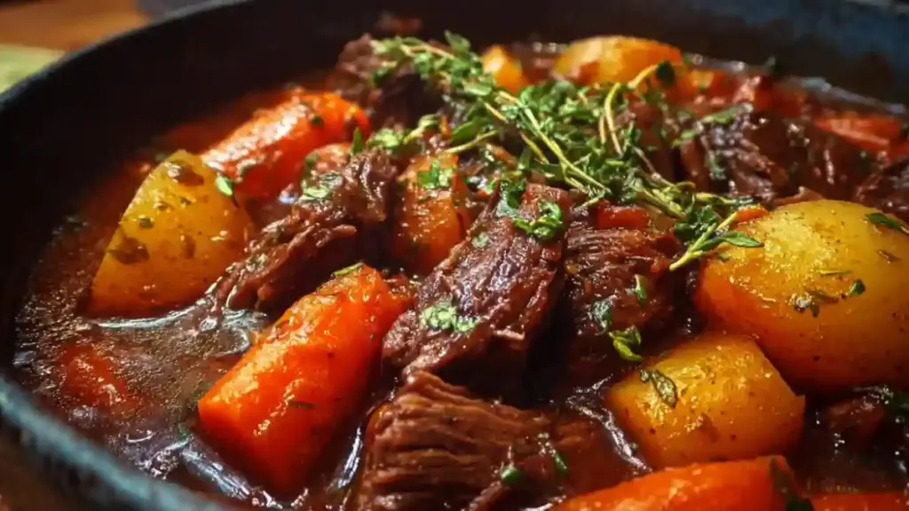 Slow-cooked beef and carrot stew in a bowl garnished with herbs