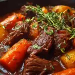 Slow-cooked beef and carrot stew in a bowl garnished with herbs