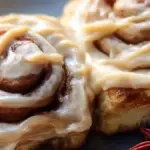Soft and fluffy Christmas cinnamon rolls topped with icing