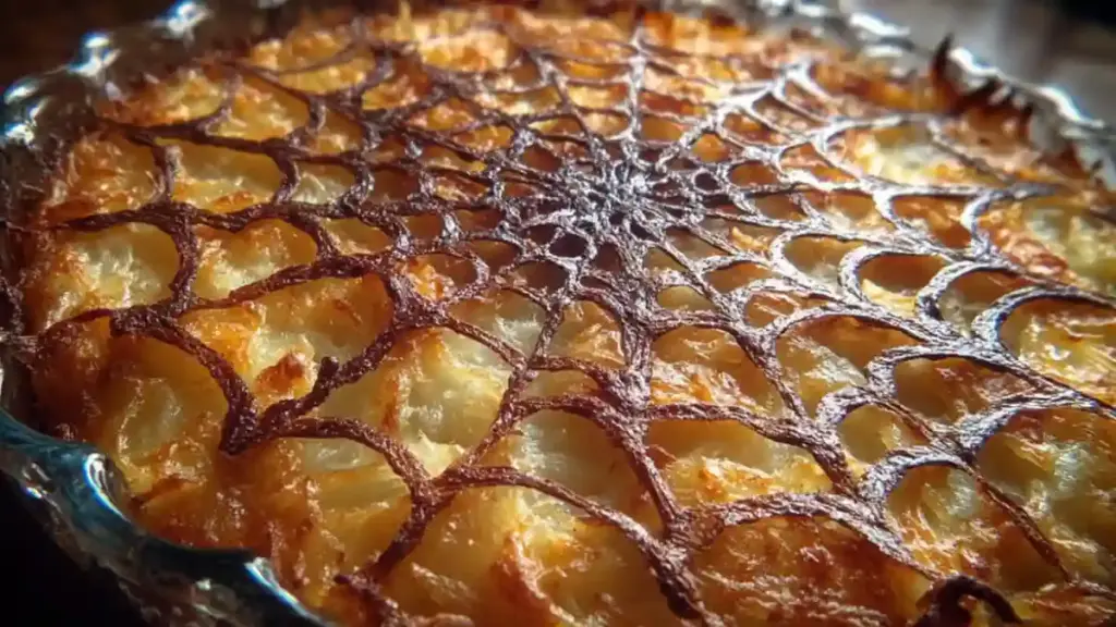 Delicious Spider Web Potato Casserole topped with creamy layers and crispy edges