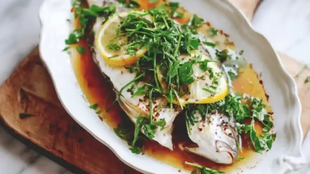 Steamed whole white fish garnished with herbs and vegetables