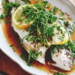 Steamed whole white fish garnished with herbs and vegetables