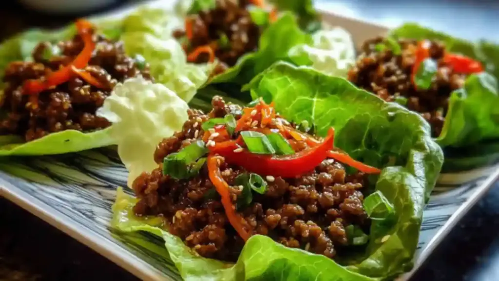 Delicious teriyaki beef lettuce wraps with fresh vegetables and savory sauce