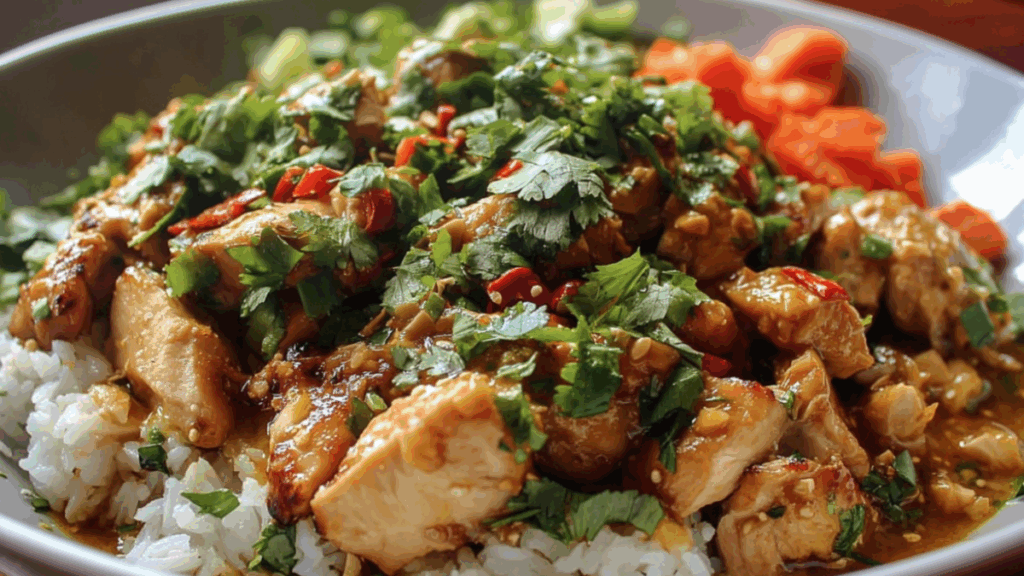 Delicious Thai Peanut Chicken Bowl with veggies and creamy peanut sauce