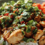 Delicious Thai Peanut Chicken Bowl with veggies and creamy peanut sauce