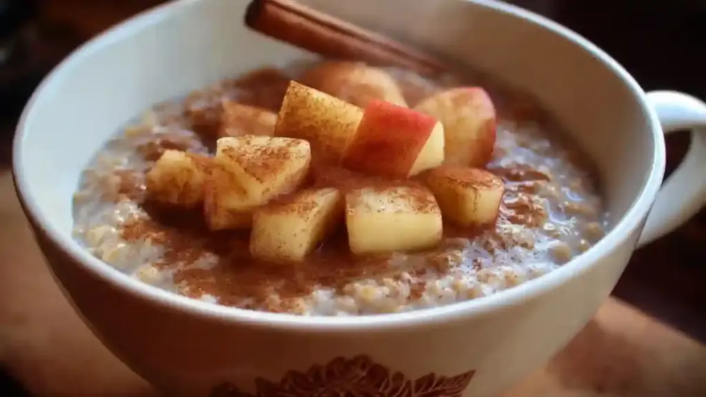 Bowl of warm cinnamon apple porridge topped with fresh apples and cinnamon.