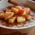 Bowl of warm cinnamon apple porridge topped with fresh apples and cinnamon.
