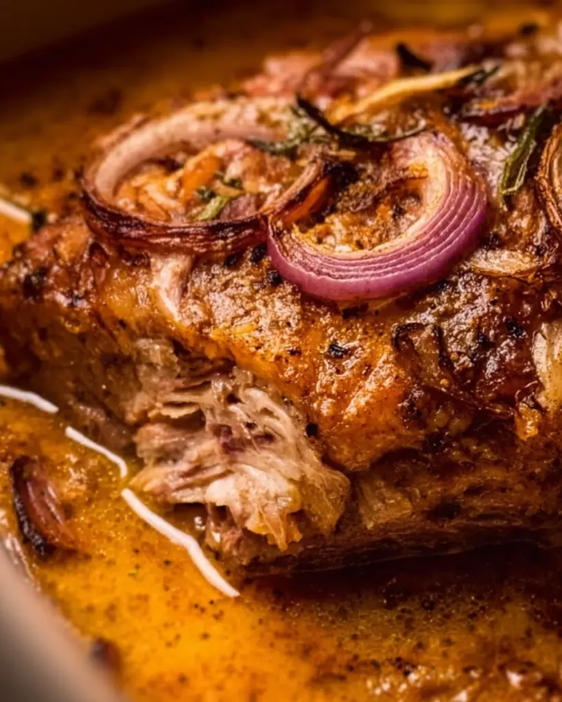 Delicious Apple Cider Braised Pork Shoulder served with herbs and vegetables.