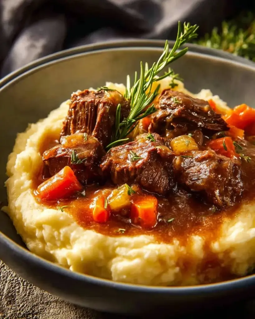 Plate of apple cider braised short ribs served with vegetables.