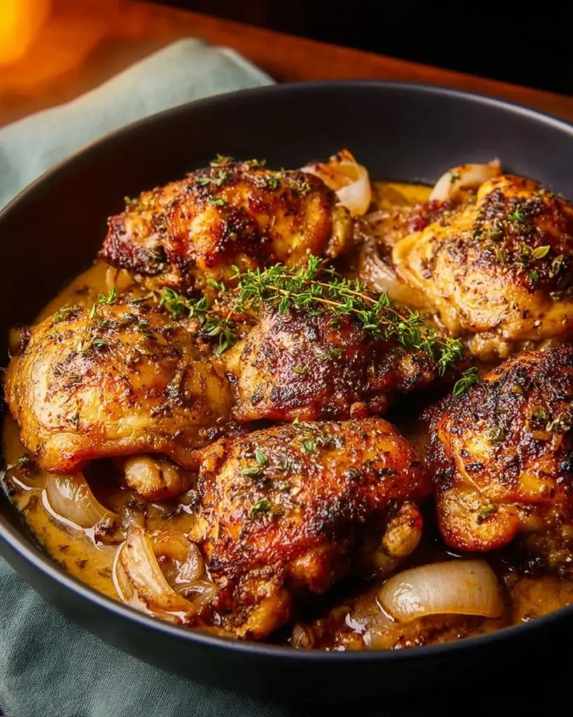 Apple cider vinegar braised chicken dish served with vegetables
